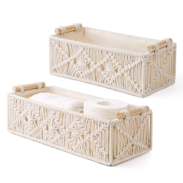 Ivory, 6.5 in. x 4 in. Jute Macrame Decorative Baskets, Set of 2