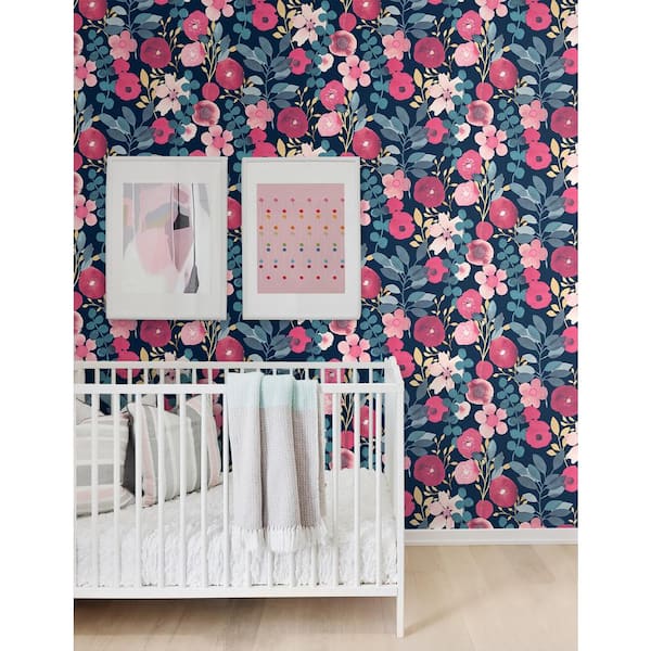30.75 sq. ft. Navy and Magenta Garden Dance Vinyl Peel and Stick Wallpaper Roll