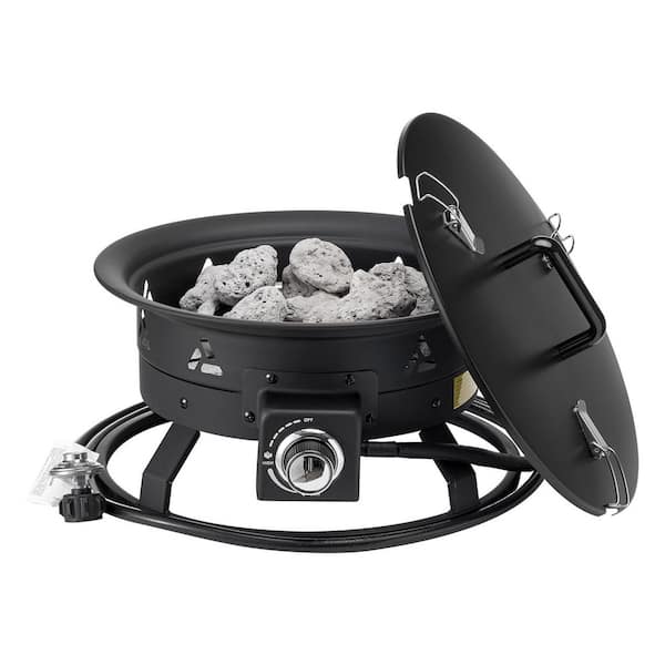 Propane Fire Pit, 19 in. Diameter Outdoor Portable Gas Fire Pit with Cover and Lava Rocks Adjustable Flame Height, Black