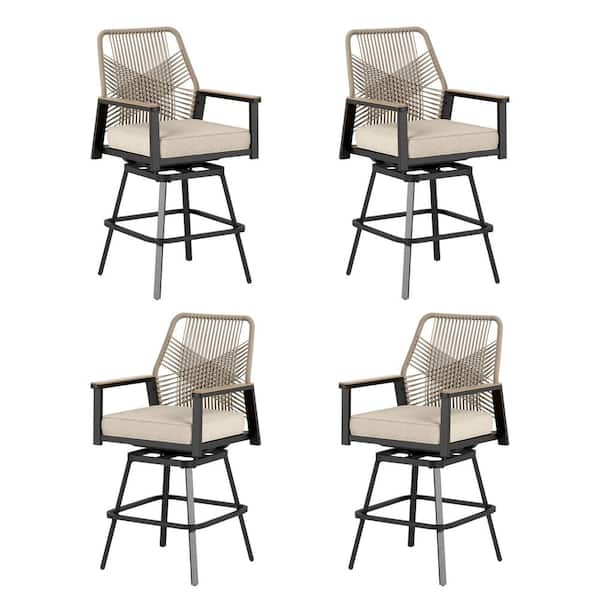 Swivel Metal Patio Woven Rope Outdoor Bar Stools, Bar Height Chairs with Armrests and Beige Cushions (4-Pack)