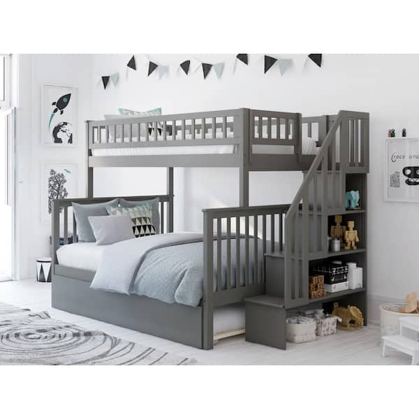 AFI Woodland Staircase Bunk Bed Twin over Full with Twin Size Urban Trundle Bed in Grey