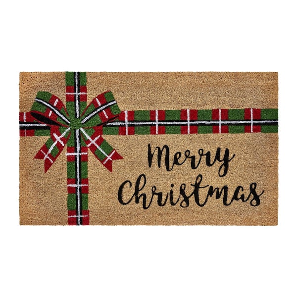 Merry Christmas Bow Indoor/Outdoor Red Coir Doormat, 18 in. x 30 in.