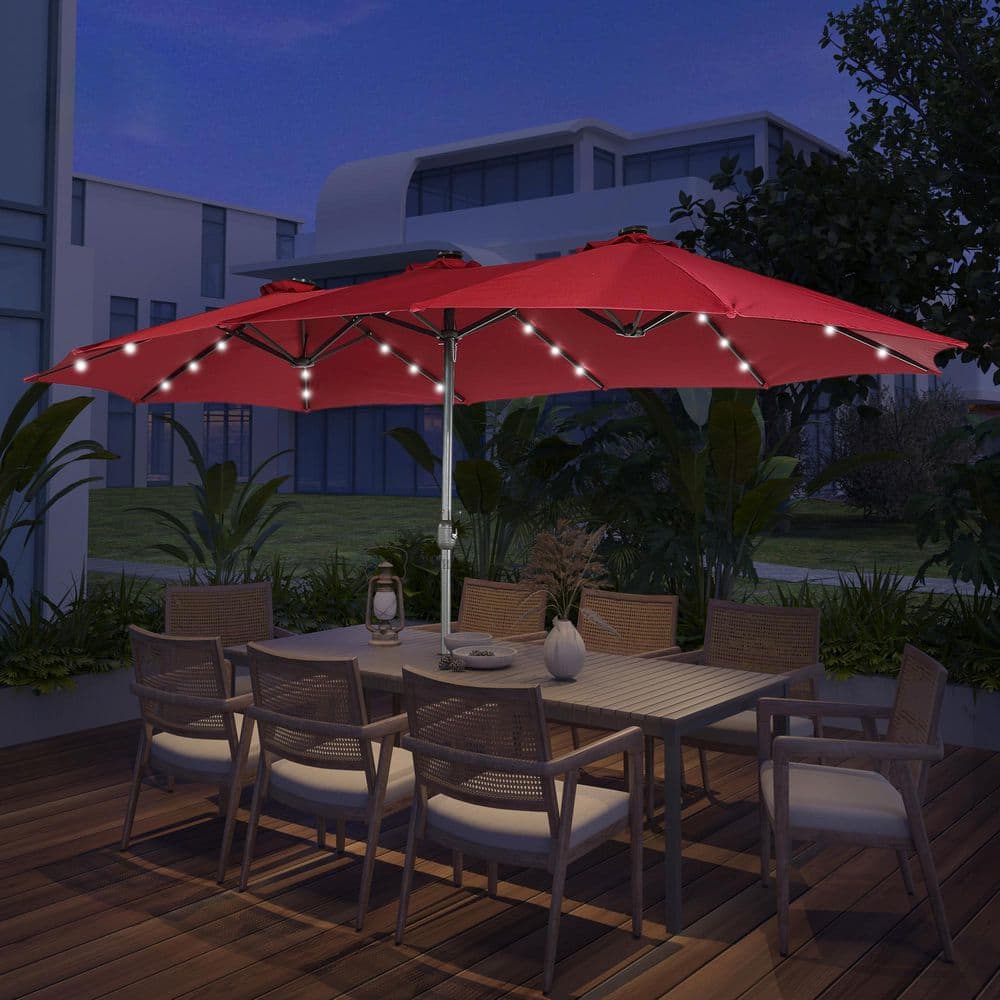 15 ft. Steel Patio Double-Side Market Umbrella with Base and Solar Light wi