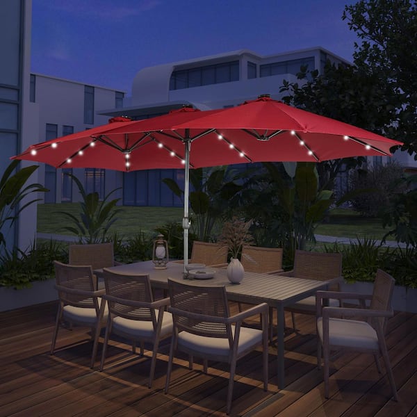 Unbranded 15 ft. Steel Patio Double-Side Market Umbrella with Base and Solar Light with Base in Burgundy