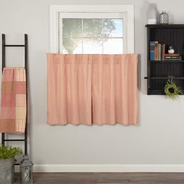 VHC BRANDS Sawyer Mill Ticking Stripe 36 in. W x 36 in. L Light Filtering Tier Window Panel in Country Red Dark Tan Pair