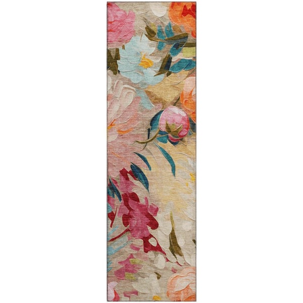 Mayfield Premium Machine Washable Abstract AMF2264 Putty 2 ft. x 7 ft. Runner Rug