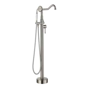 Classic Vintage Floor Mount 2-Handle Freestanding Tub Faucet with Hand Shower and Water Supply Hoses in. Brushed Nickel