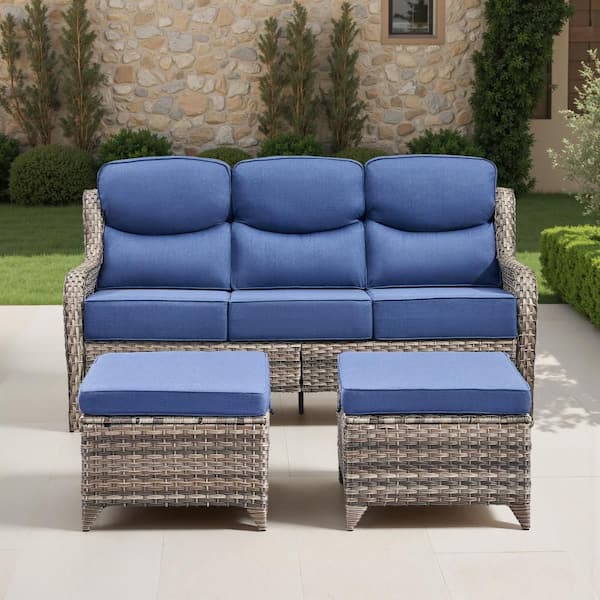 Moonluxe 3-Piece Gray Wicker Patio Conversation Set with Navy Blue Olefin 6 in. Thick Cushions/Ottomans