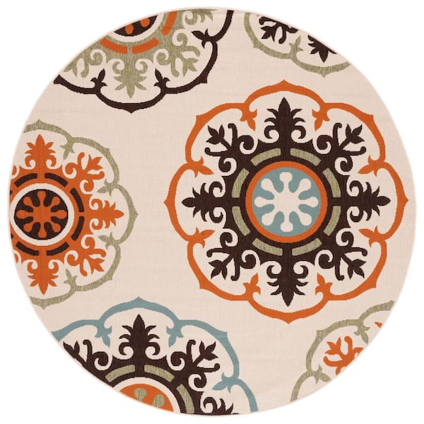 Veranda Cream/Terracotta 7 ft. x 7 ft. Floral Ornate Indoor/Outdoor Round Area Rug