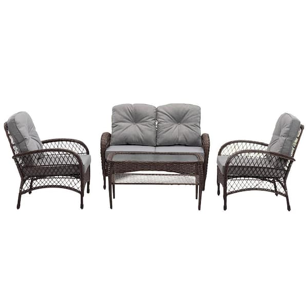 Tenleaf Widely Applicable Brown 4-Piece Wicker Patio Conversation Set ...