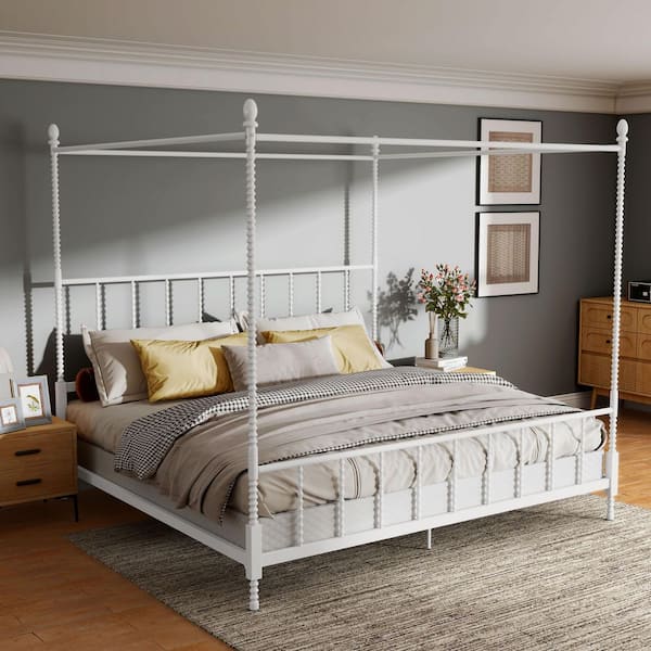 Cathy White Metal Frame King Canopy Bed with Spindle Posts