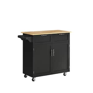 Black Rubberwood Top Kitchen Cart with Cabinet and Wheels
