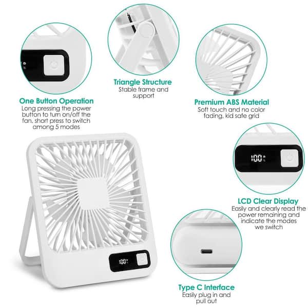 Adrinfly - Mini Micro-USB Powered 5 in. 5 fan speeds Desk Fan in White, Adjustment Strong Airflow Quiet Travel Fan with LCD Display