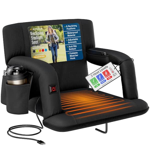 Heated Reclining Stadium Seat Wide Bleacher Chair w/ Back Support, Cushion, Armrests and Side Pockets 21 in. Wide-Black