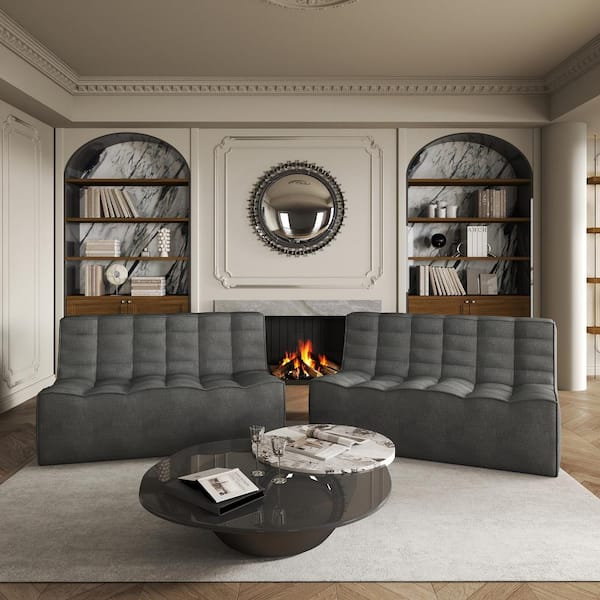 Set of 2-Loveseat Armless 55.1 in. 2-Piece Linen Modular Sectional Sofa 2-Seater Fireside Lazy Floor Sofa Couch in Black