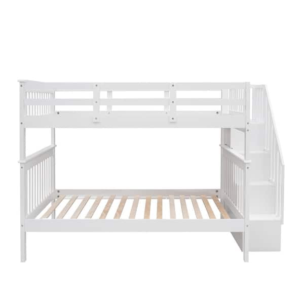 Qualler White Stairway Full Over Full Bunk Bed with Storage and Guard Rail