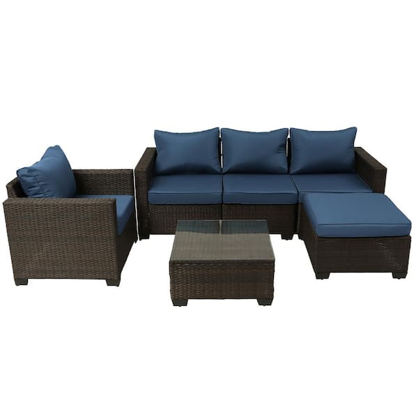 Sudzendf Brown 6-Piece Wicker Outdoor Patio Conversation Set with Ottoman, Dark Blue Cushions and Tempered Glass Table