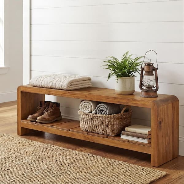 59 in. Brown Solid Wood Entryway Bench, Long Dining Bench Indoor Bench Seating 2-Tier Shoe Bench with Storage
