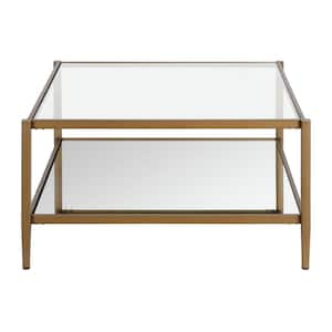 32 in. Gold Square Glass Coffee Table with Shelves;Storage