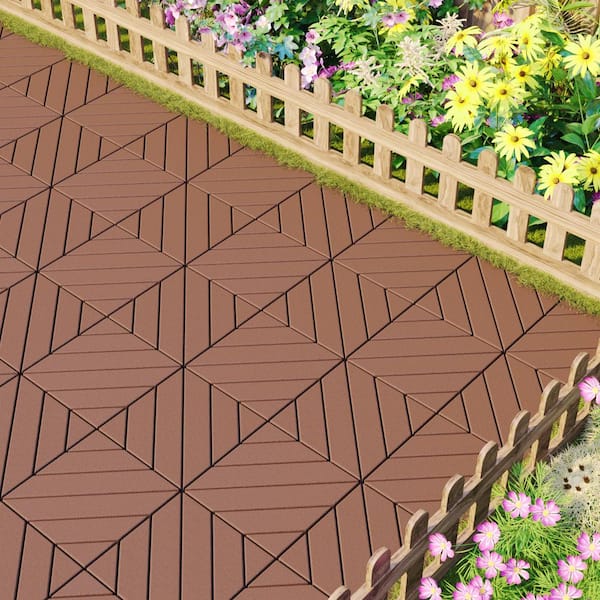 GOGEXX 12 in. W x 12 in. L Outdoor Striped Square PVC Waterproof Interlocking Flooring Deck Tiles(Pack of 44 Tiles) in Brown