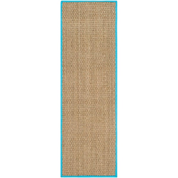 SAFAVIEH Natural Fiber Beige/Turquoise 3 ft. x 10 ft. Border Woven Runner Rug