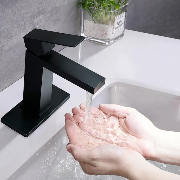 Single Handle Single Hole Bathroom Faucet with Deckplate and Drain Included in Matte Black
