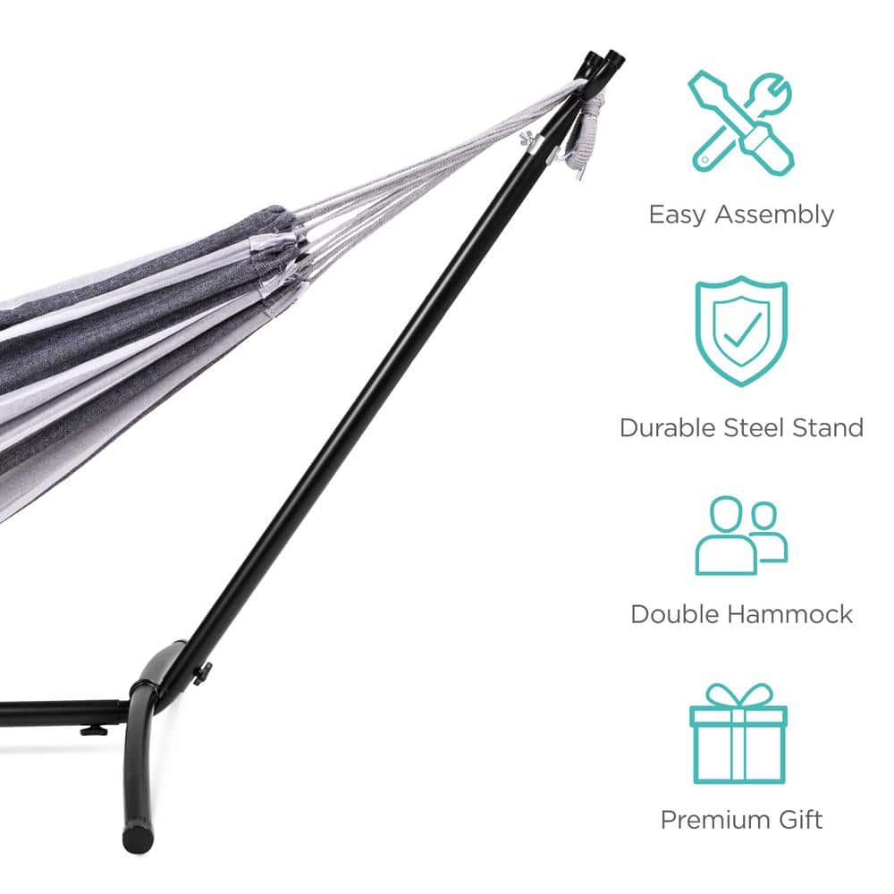 Steel Frame 2-Person Gray and White Cotton Hammock with Stand