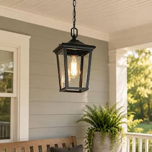 12.5 in. Modern Black Outdoor Small Pendant 1-Light Coastal Clear Glass Hanging Lantern for Covered Gazebo Front Door