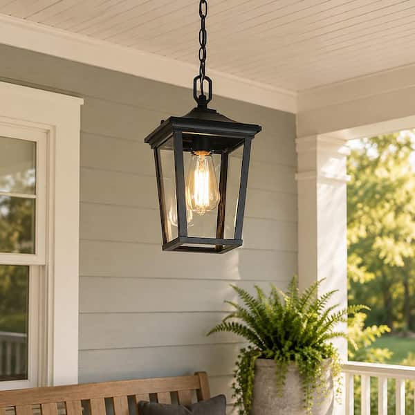 12.5 in. Modern Black Outdoor Small Pendant 1-Light Coastal Clear Glass Hanging Lantern for Covered Gazebo Front Door