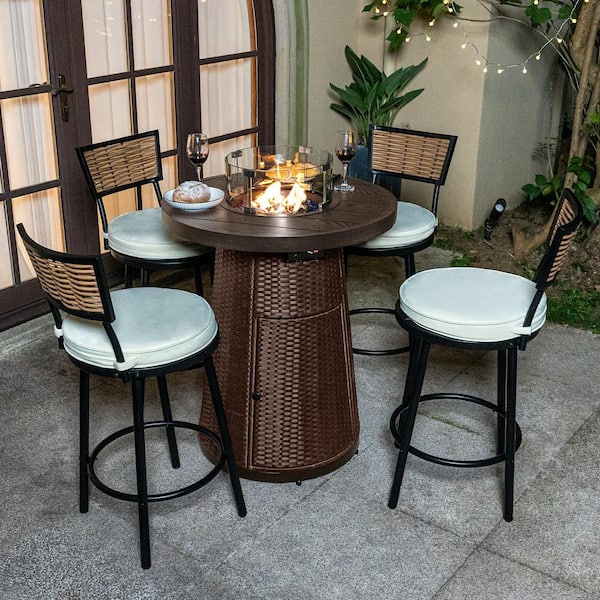 INNUMIA 5-Piece Metal Patio Conversation Set with Brown Gas Bar Height Fire Pit Table and Swivel Chairs and Cushions Wind Guard