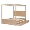 Harper & Bright Designs Natural (Light Brown) Wood Frame Queen Size Modern Canopy Bed with Headboard, Trundle and 3-Drawers YJH182AAN