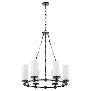 Lee BLVD 60-Watt 2.0 6 Light Matte Black Chandelier Light with White Fluted Glass Shade, No Light Bulb Included