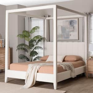 Aerona Cream White Boucle Fabric and Wood Frame Queen Canopy Bed