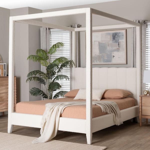 Aerona Cream White Boucle Fabric and Wood Frame Queen Canopy Bed