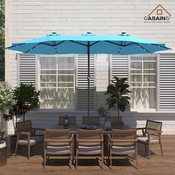 CASAINC 15 ft. Steel Patio Double-Side Market Umbrella with Base and Solar Light with Base in Turquoise
