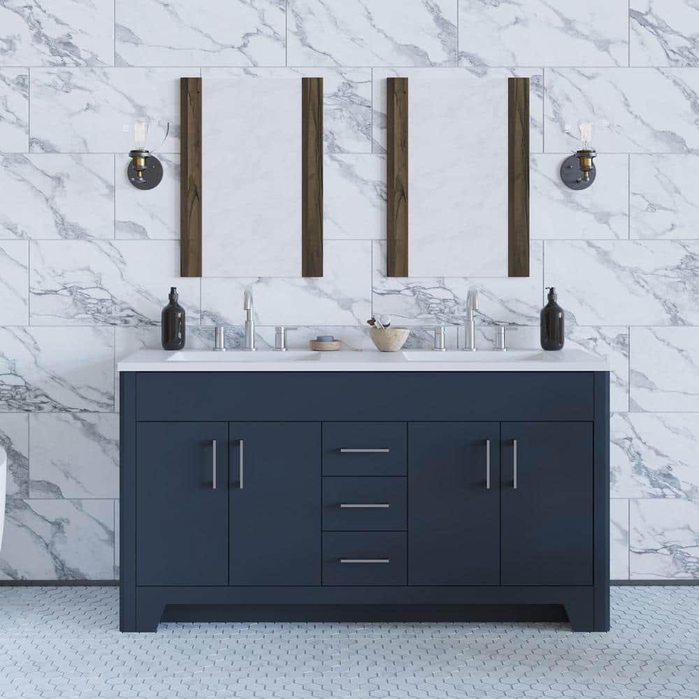 Branine 61 in. Double Sink Deep Blue Bath Vanity with White Cultured Marble
