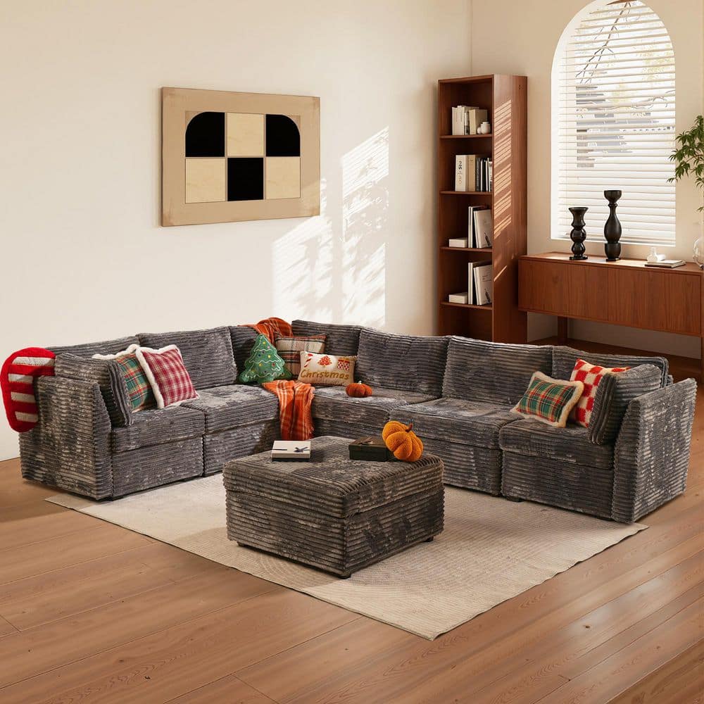 Allwex Cuke 127 in. Wide 7-Piece Modern Deep Seat Plush Corduroy L
