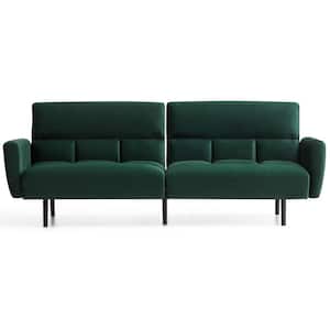 Green Velvet Futon Sofa Bed with Box Tufting