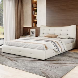 Button-Tufted Cream(White) Wood Frame Queen Size PU Upholstered Platform Bed with Ergonomic Wingback Headboard