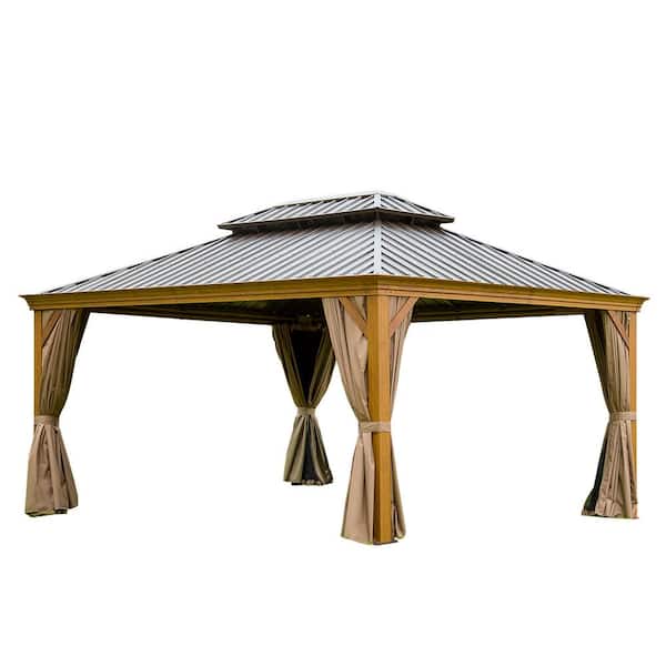 WELLFOR 12 ft. x 16 ft. Brown Wooden Coated Aluminum Hardtop Gazebo with Galvanized Steel Double Canopy, Curtains and Netting