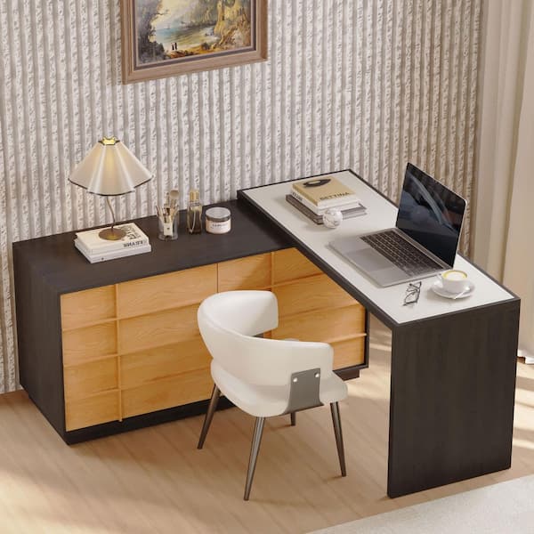 47.24 in. Extendable Makeup Vanity Desk with 6 Drawers Retractable Dressing Table Black and Wood. Black and orange
