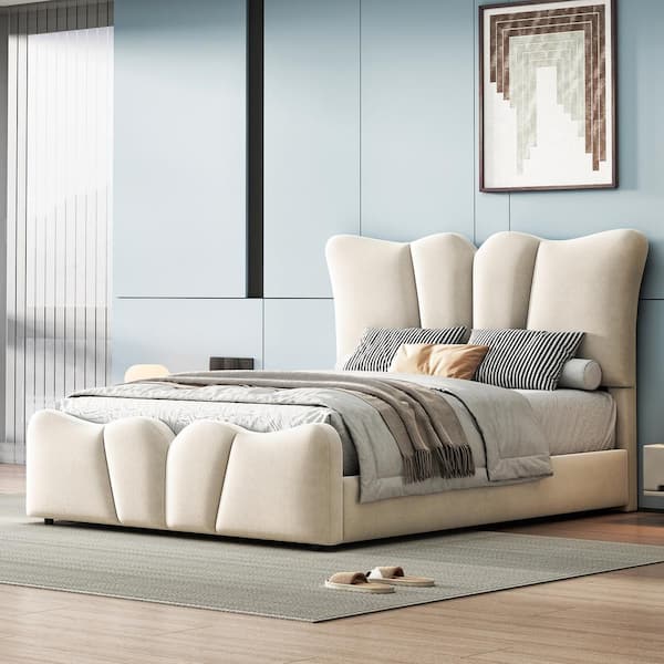 Beige Wood Frame Twin Size Velvet Upholstered Platform Bed