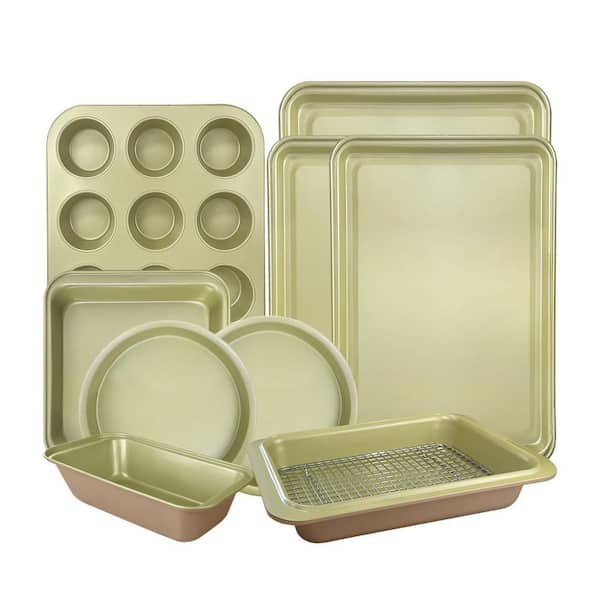 10-Piece Bakeware Set Nonstick Carbon Steel Bicolor Round Square Rectangle Pans with Cooling Rack