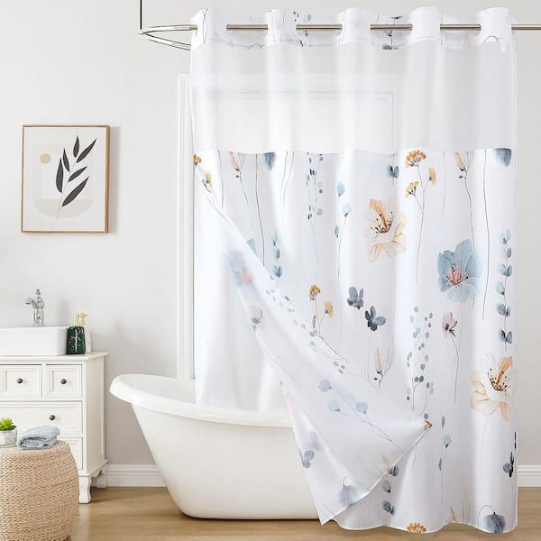 Timeless Watercolor Floral Series 72 in. W x 75 in. L 100% Polyester Shower Curtain with Mesh Top Window, in Beige