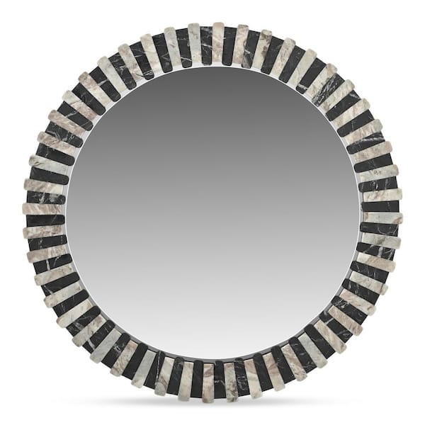 Alcott Black and Beige 34.5 in. W x 34.5 in. H Art Deco Round Marble Framed Mirror