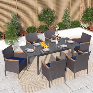 Black 7-Piece Metal Patio Outdoor Dining Set with Extendable Table and Rattan Chairs with Blue Cushion