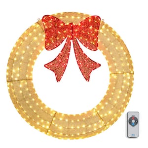 4 ft. Gold Pre-lit LED Outdoor Large Wreath Artificial Christmas Garland with Red Bows