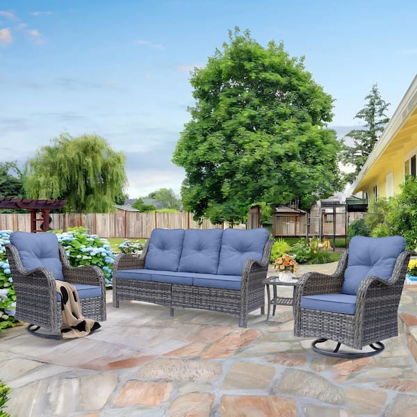 Gray 4 Piece Wicker Outdoor Conversation Set Patio Sofa Swivel Rocking Chairs with Side Table and Denim Blue Cushions