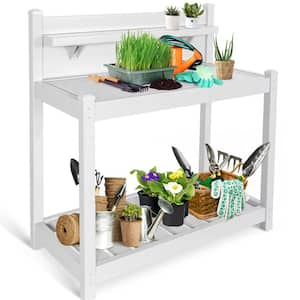 Outdoor Indoor Vinyl Potting Bench Table, Gardening Work Station with Open Shelf, Lower Storage, White