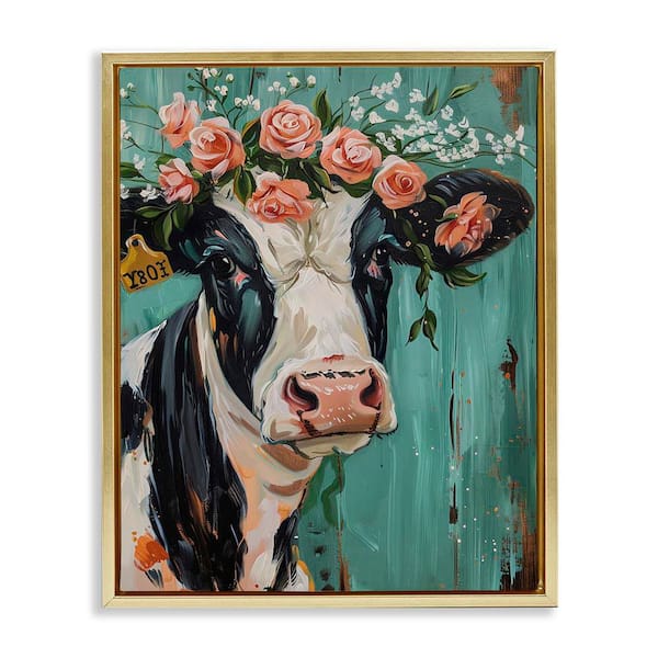 Stupell Industries Floral Cow on teal by LSR Design Studio Gold Floater Frame Animal Graphic Art Print 21 in. x 17 in.